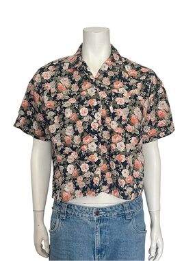 VINTAGE Y2K GAP Navy Floral Crop Button-Up with Pink Roses